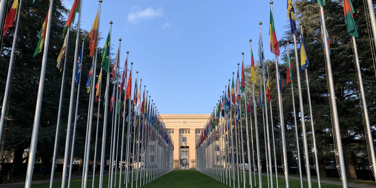 Flags outside the UN building in Geneva